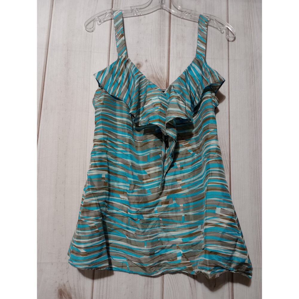 Banana Republic Womens 100% Silk Ruffle Camisole Top Turquoise Brown Stripe 10